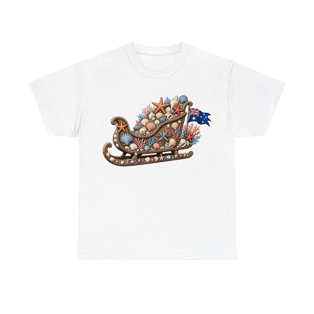 Aussie Seashell Christmas Sleigh personalised Christmas T-shirt in white
