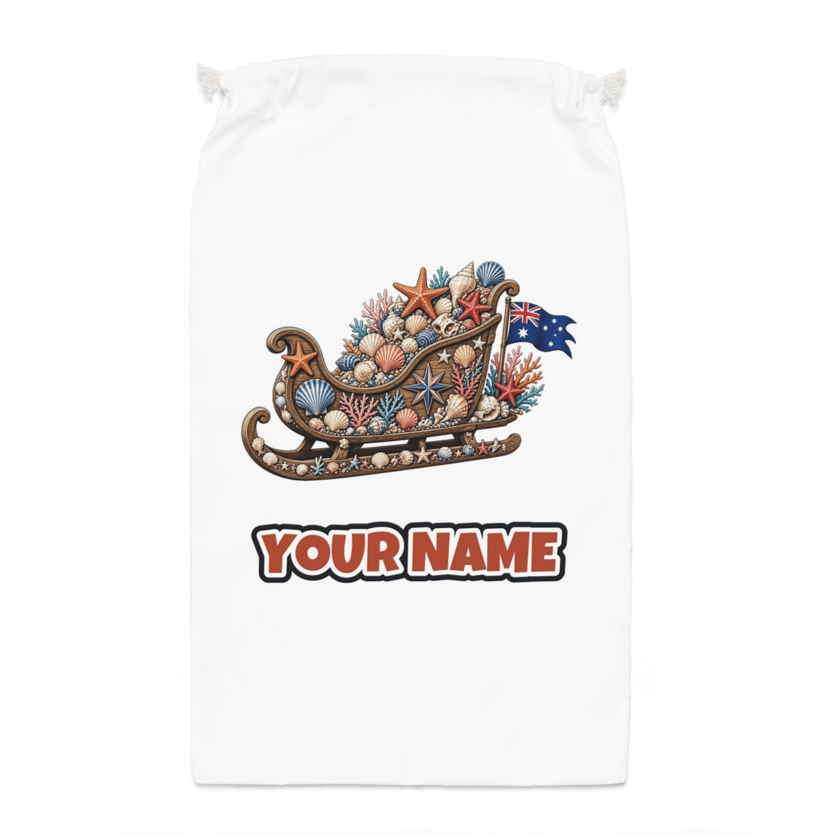Aussie Seashell Christmas Sleigh Santa sack laid flat, showing the full print