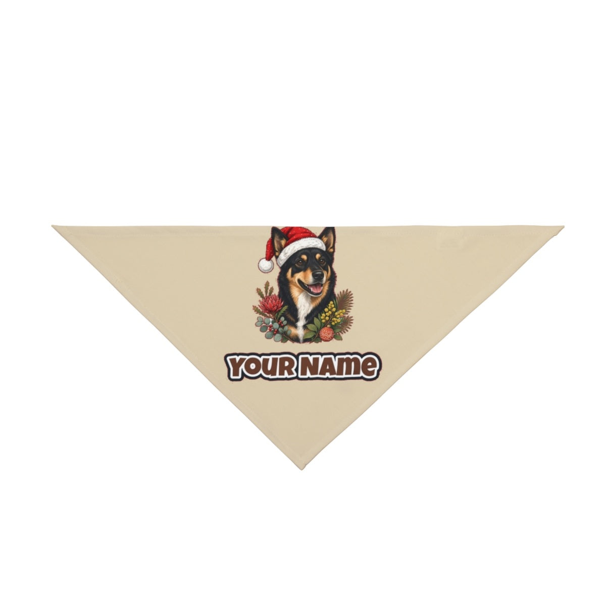 Australian Kelpie personalised Christmas pet bandana in beige, tie-on style