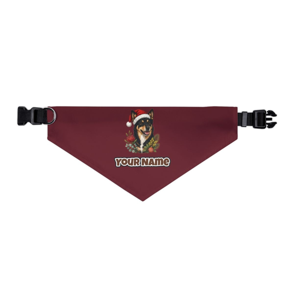 Australian Kelpie personalised Christmas pet bandana in maroon, collar with buckle