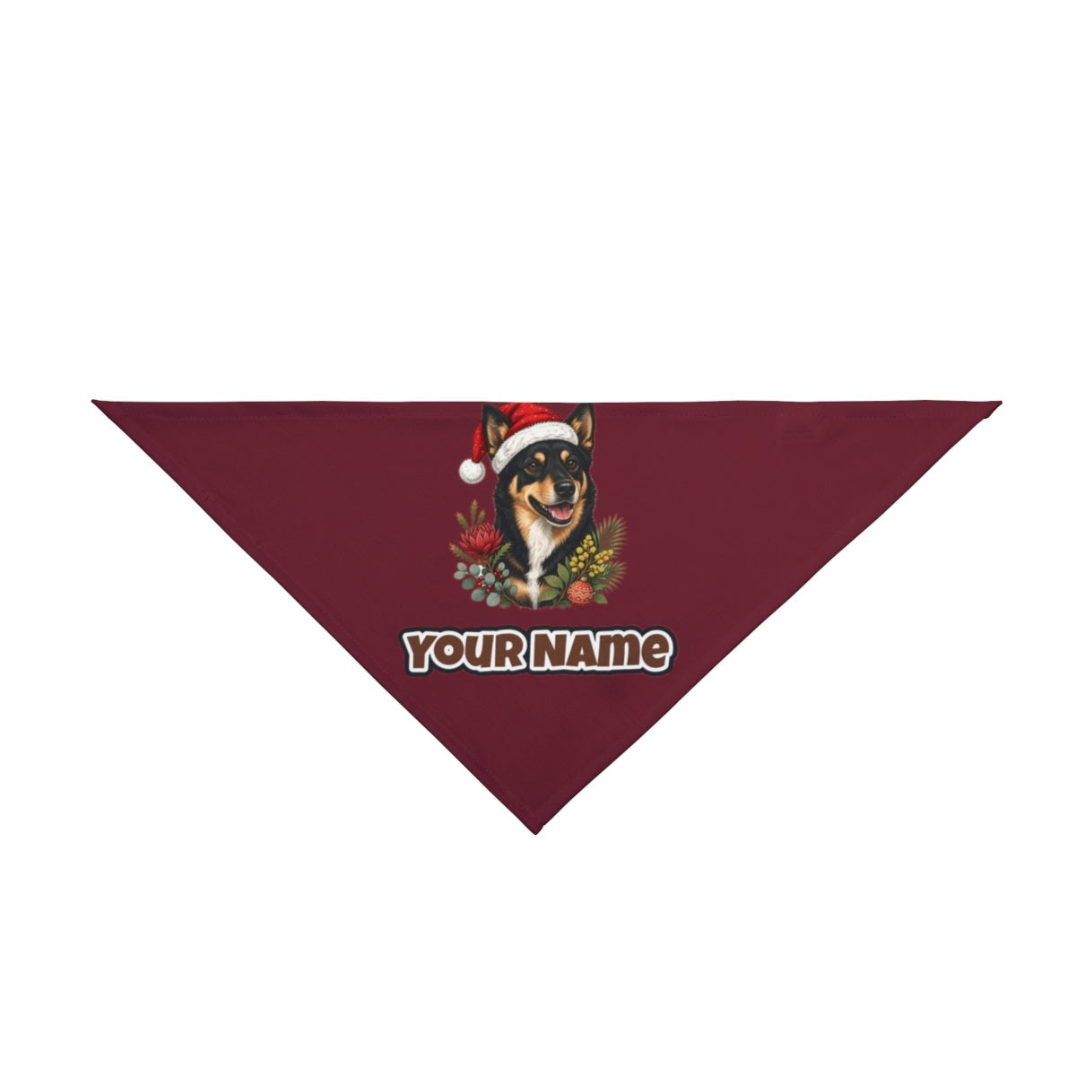 Australian Kelpie personalised Christmas pet bandana in maroon, tie-on style