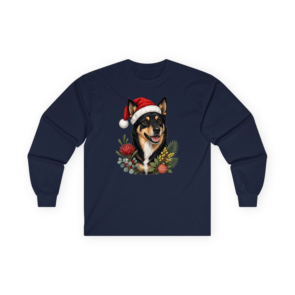 Australian Kelpie personalised long sleeve Christmas T-shirt in navy
