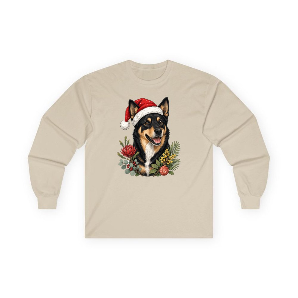 Australian Kelpie personalised long sleeve Christmas T-shirt in sand