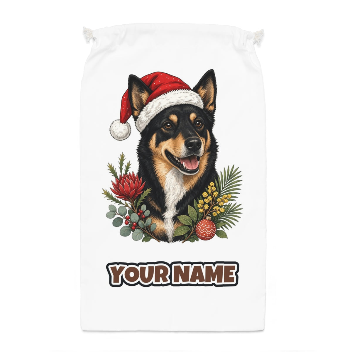 Australian Kelpie Santa sack laid flat, showing the full print