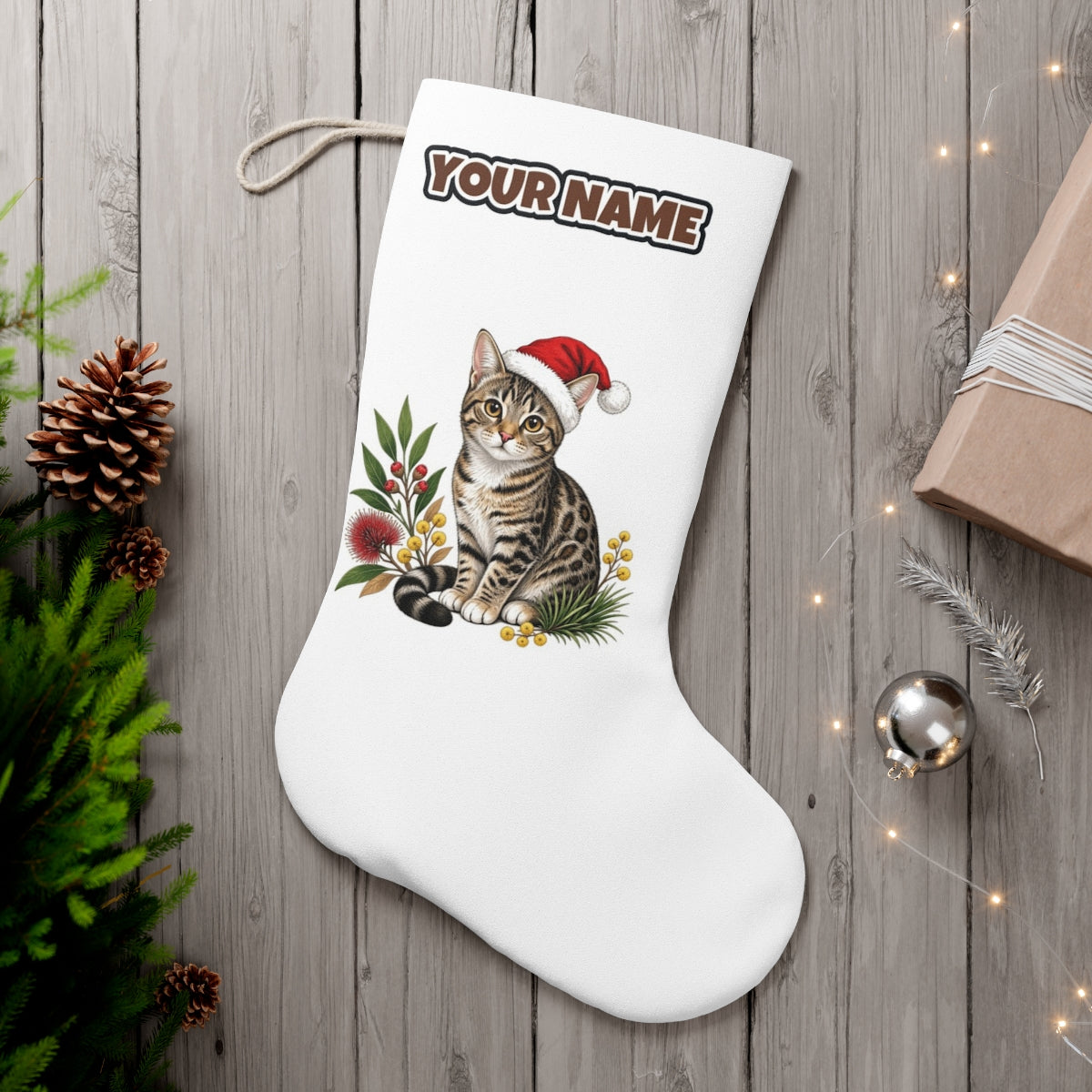 Australian Mist personalised Christmas stocking, white, with the name across the top