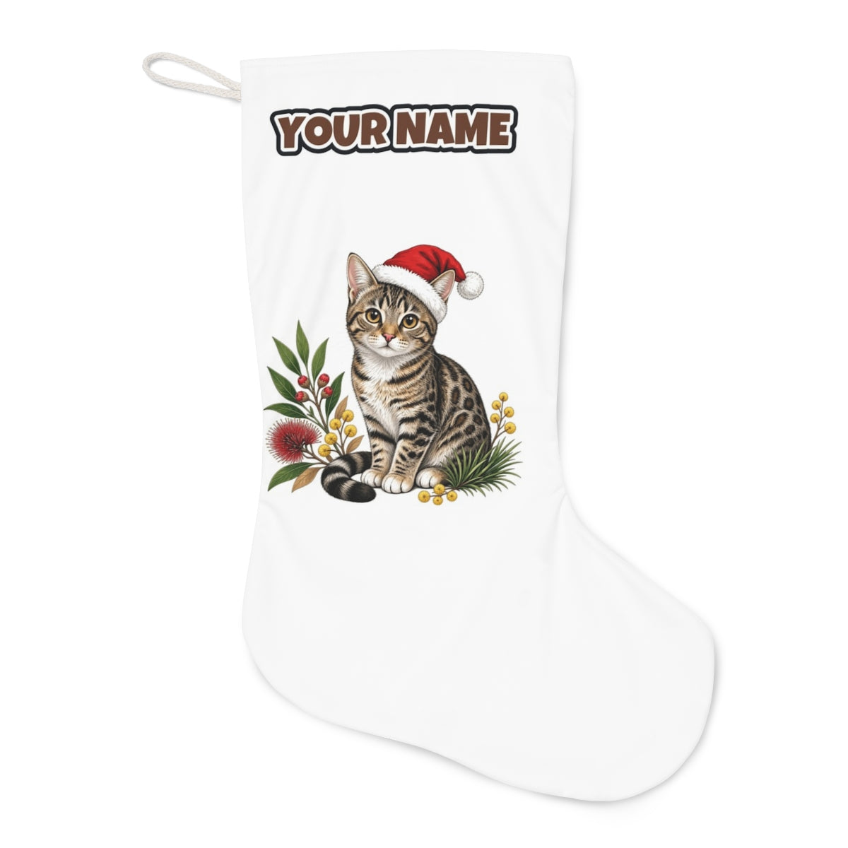 Australian Mist Christmas stocking laid flat, showing the full print