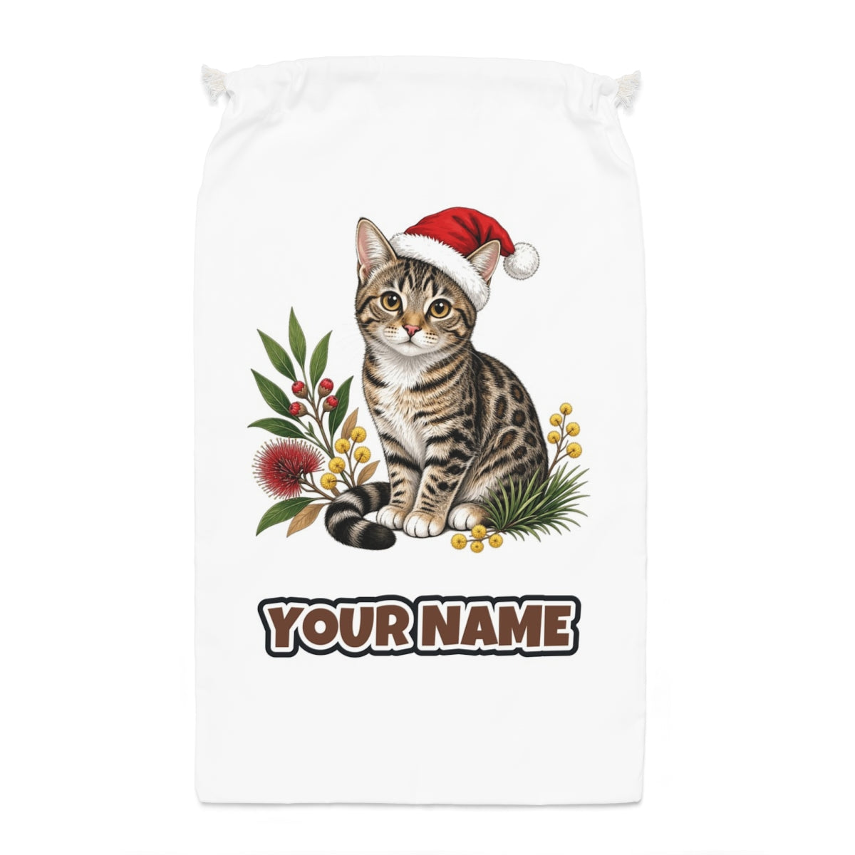 Australian Mist Santa sack laid flat, showing the full print