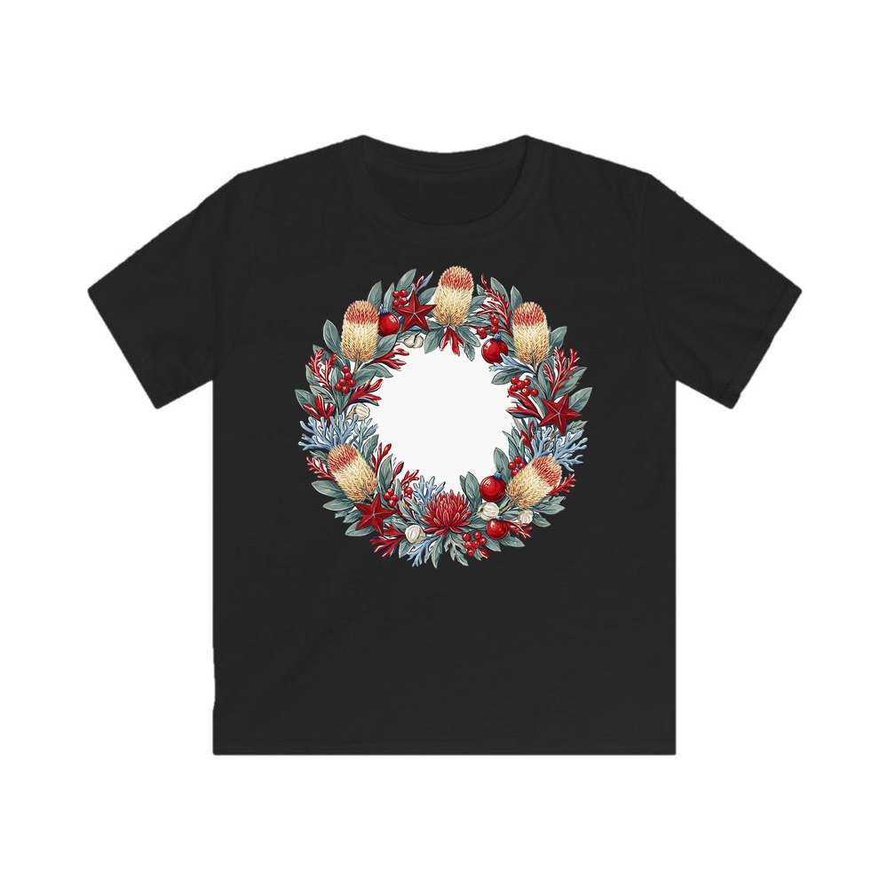 Australian Native Banksia Wreath personalised kids Christmas tee in black
