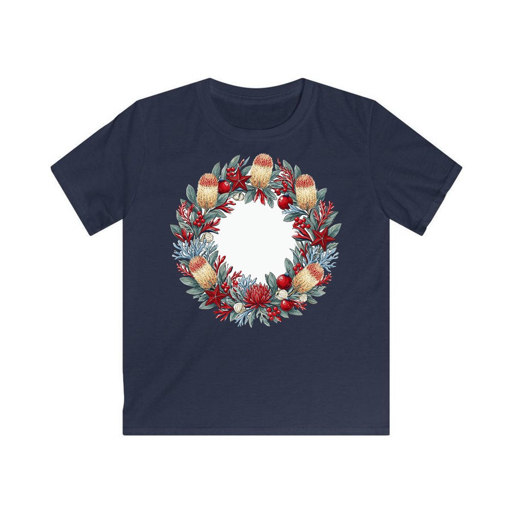 Australian Native Banksia Wreath personalised kids Christmas tee in navy