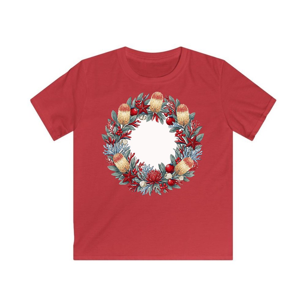 Australian Native Banksia Wreath personalised kids Christmas tee in red