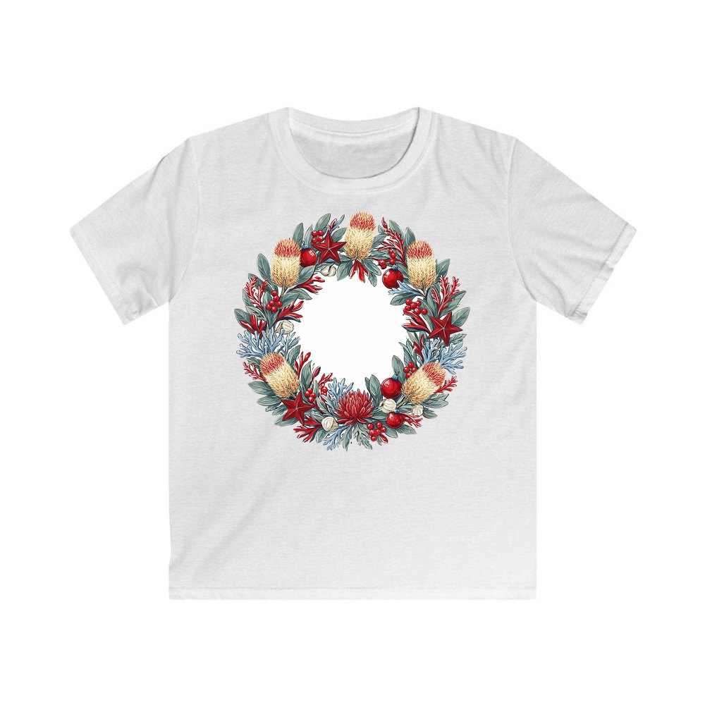 Australian Native Banksia Wreath personalised kids Christmas tee in white