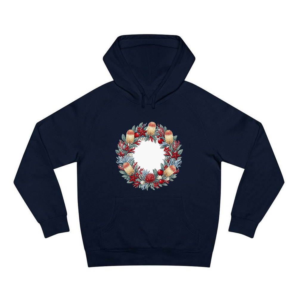 Australian Native Banksia Wreath personalised Christmas hoodie in navy