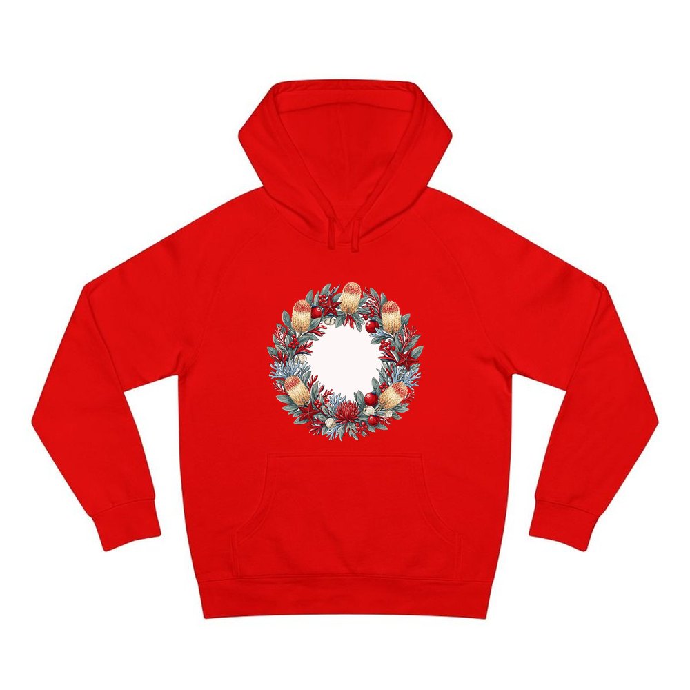 Australian Native Banksia Wreath personalised Christmas hoodie in red