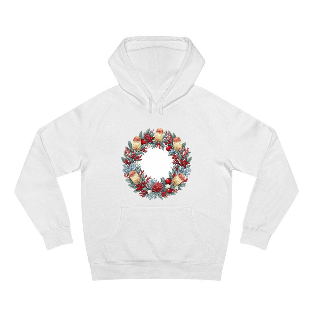 Australian Native Banksia Wreath personalised Christmas hoodie in white