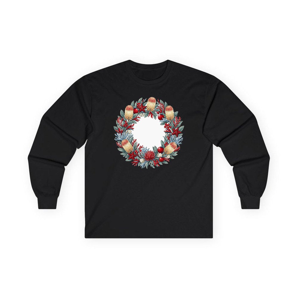 Australian Native Banksia Wreath personalised long sleeve Christmas T-shirt in black