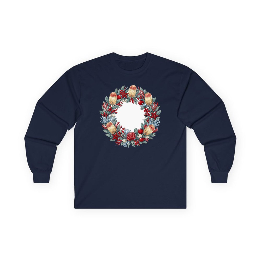 Australian Native Banksia Wreath personalised long sleeve Christmas T-shirt in navy