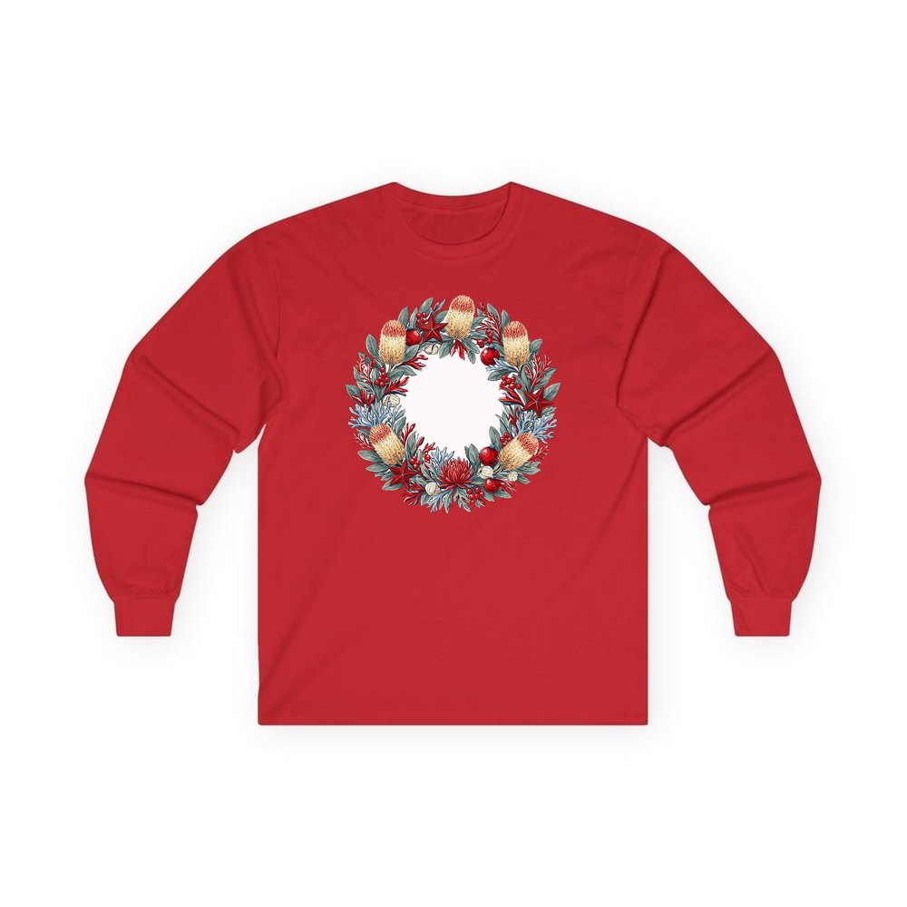 Australian Native Banksia Wreath personalised long sleeve Christmas T-shirt in red