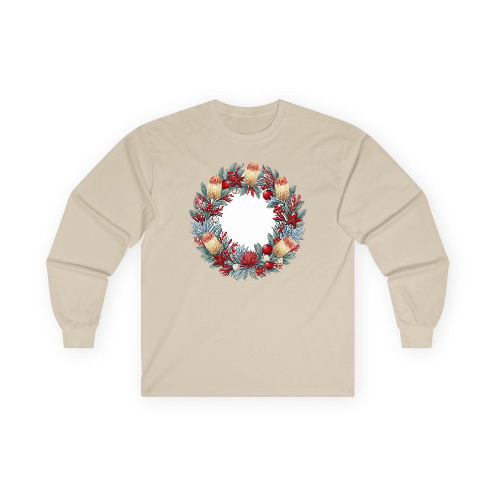Australian Native Banksia Wreath personalised long sleeve Christmas T-shirt in sand