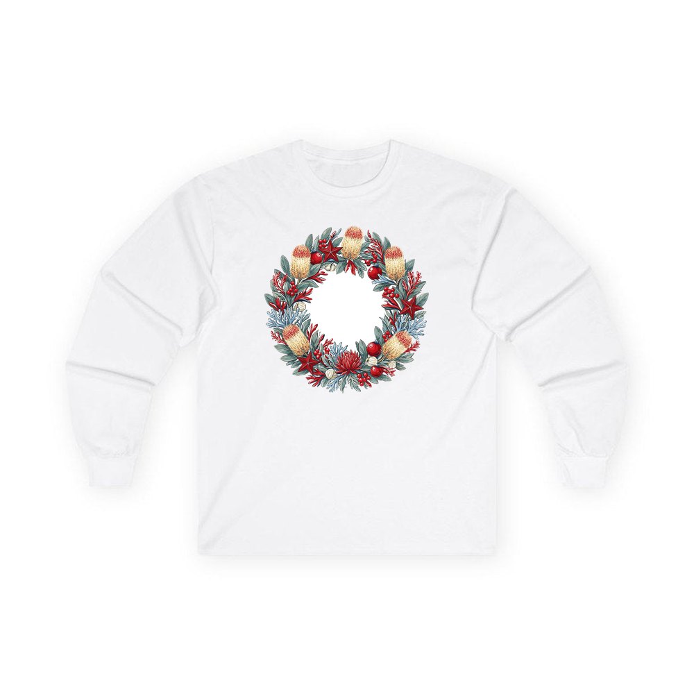 Australian Native Banksia Wreath personalised long sleeve Christmas T-shirt in white