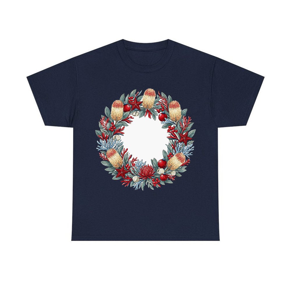 Australian Native Banksia Wreath personalised Christmas T-shirt in navy
