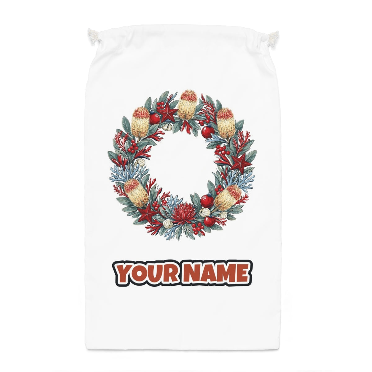 Australian Native Banksia Wreath Santa sack laid flat, showing the full print