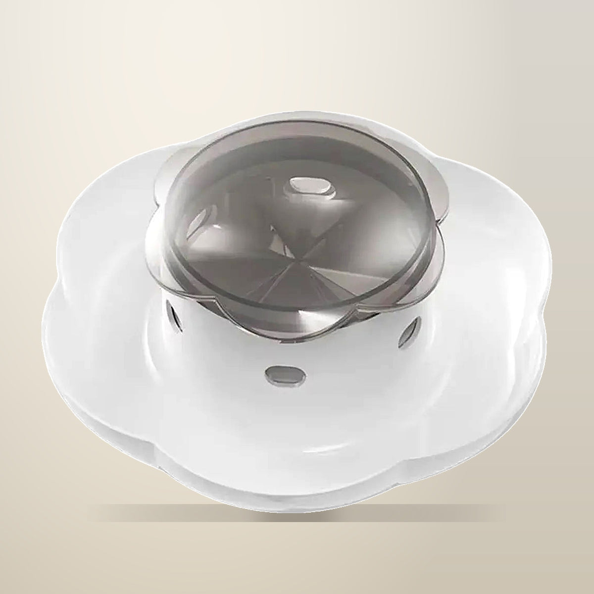 Push Button Pet Food Dispenser, ABS, Yellow or Grey, on a plain cream background