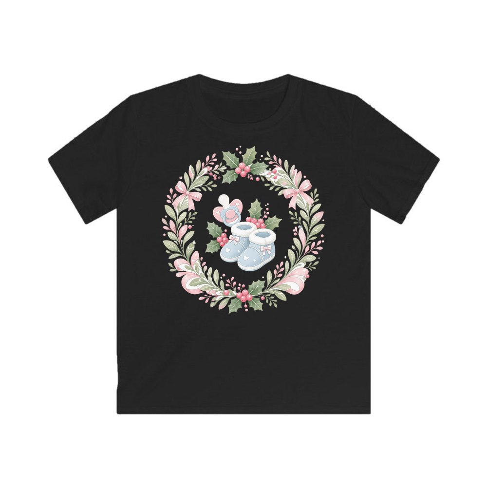 Baby Booties Holly Wreath personalised kids Christmas tee in black