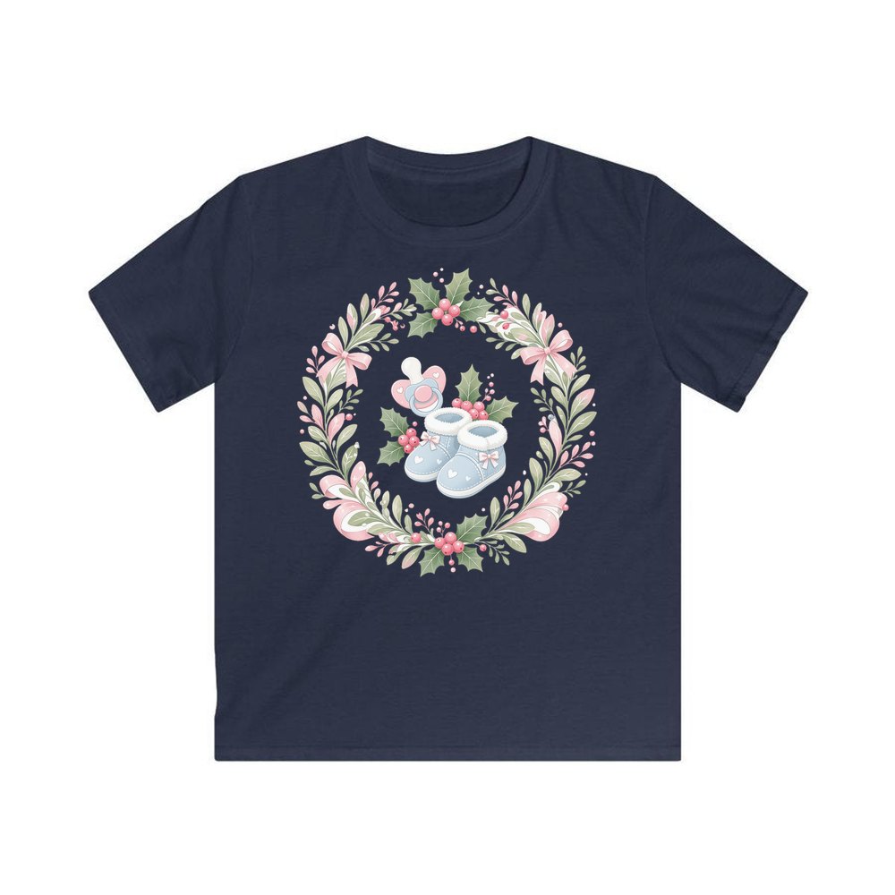 Baby Booties Holly Wreath personalised kids Christmas tee in navy