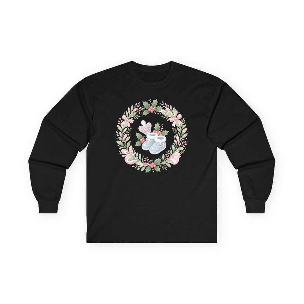 Baby Booties Holly Wreath personalised long sleeve Christmas T-shirt in black