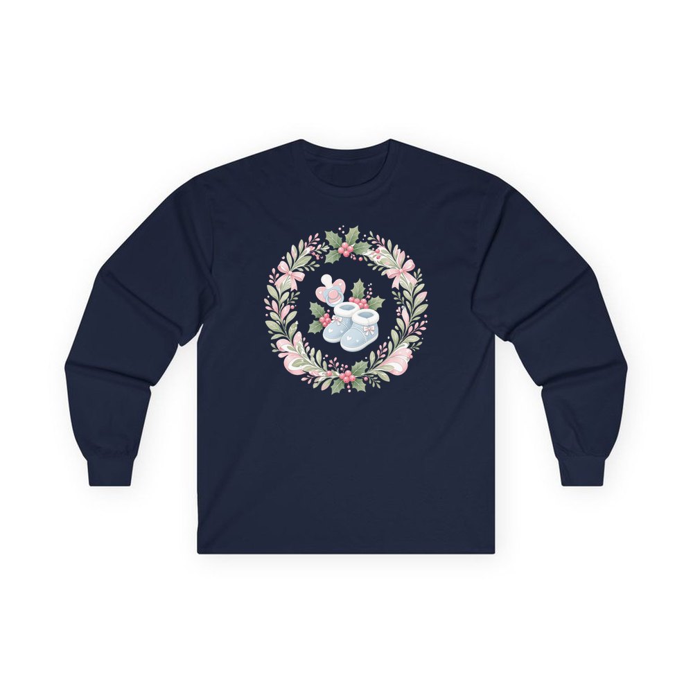 Baby Booties Holly Wreath personalised long sleeve Christmas T-shirt in navy