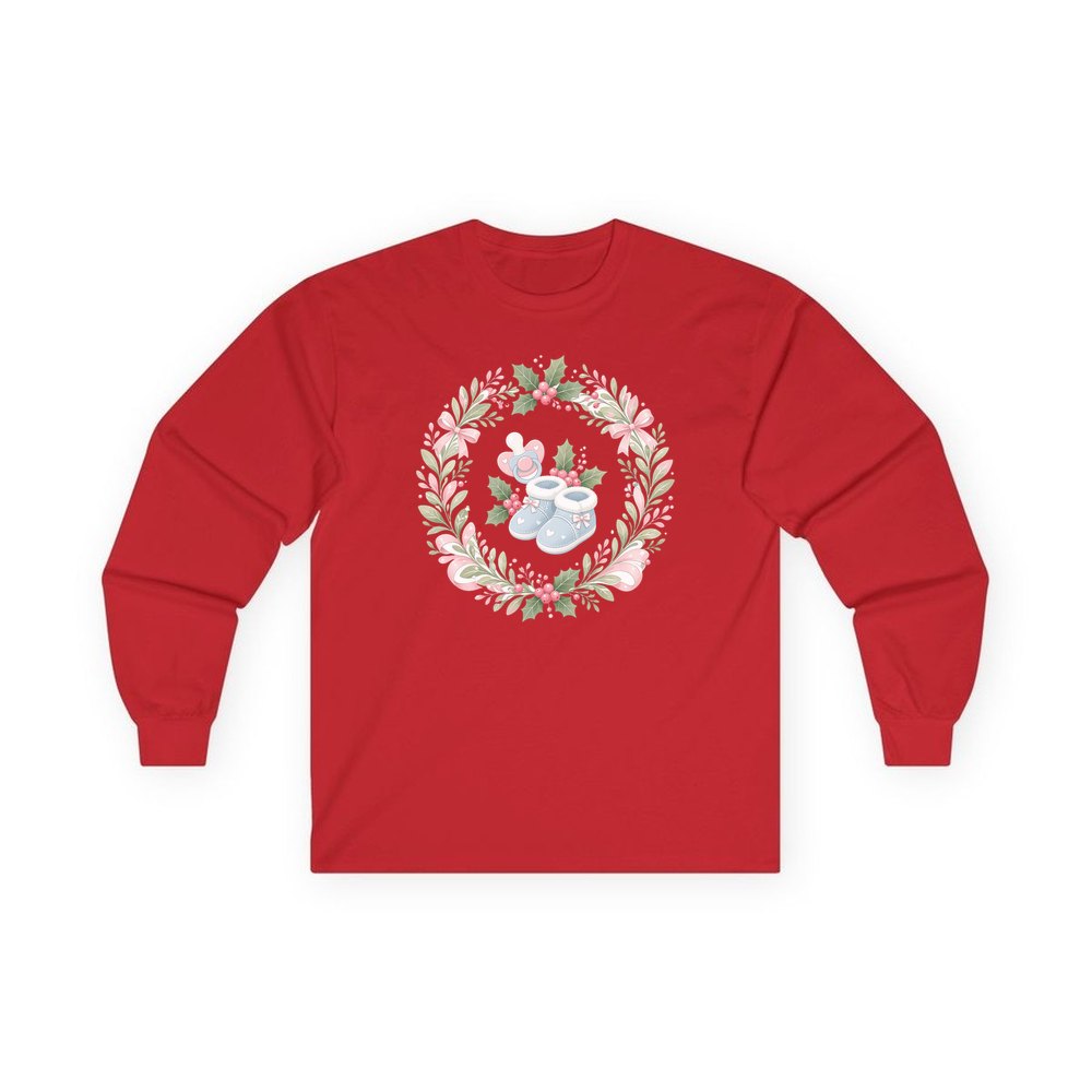 Baby Booties Holly Wreath personalised long sleeve Christmas T-shirt in red