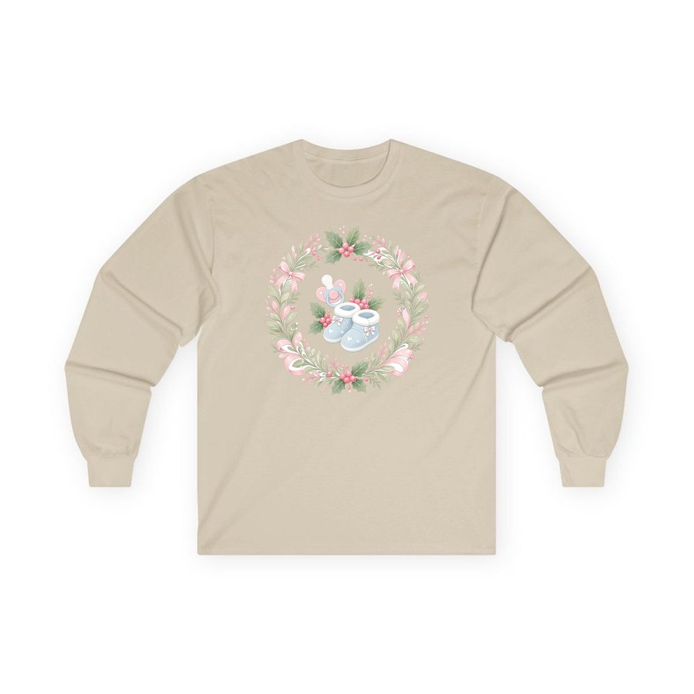 Baby Booties Holly Wreath personalised long sleeve Christmas T-shirt in sand