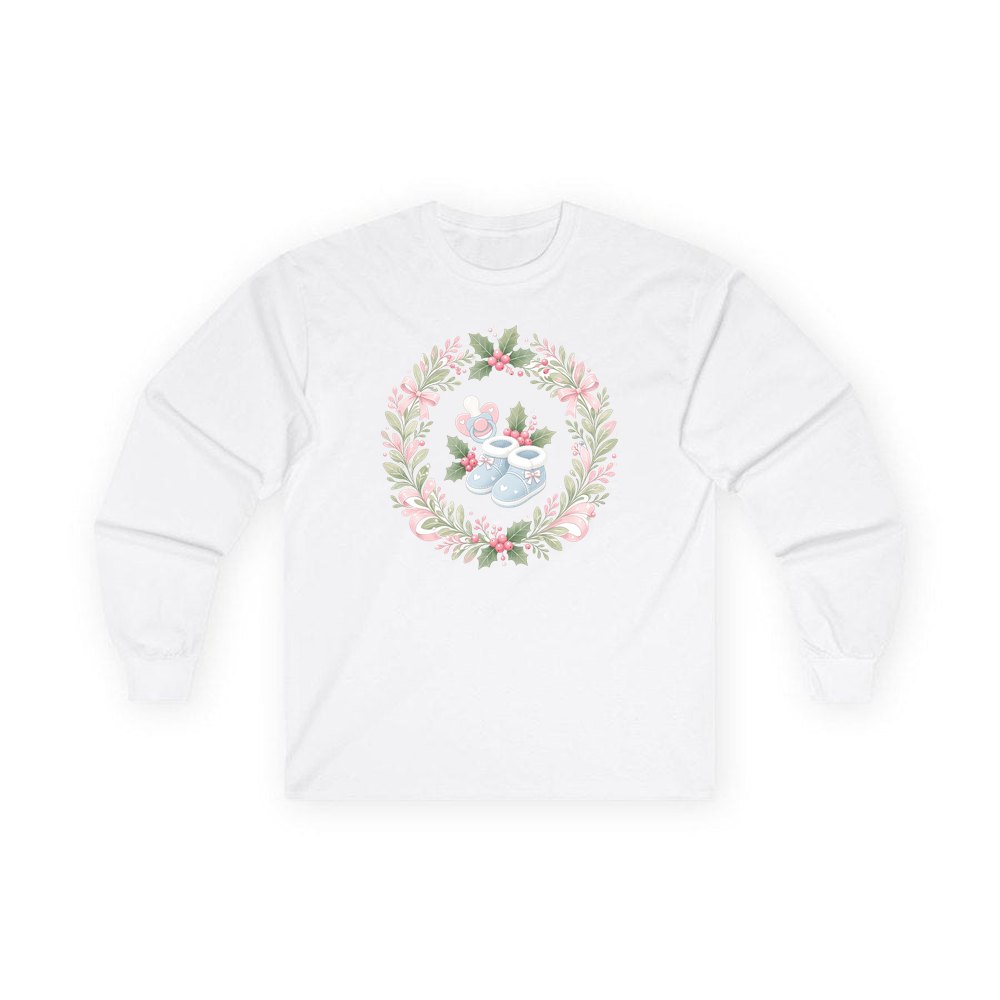 Baby Booties Holly Wreath personalised long sleeve Christmas T-shirt in white