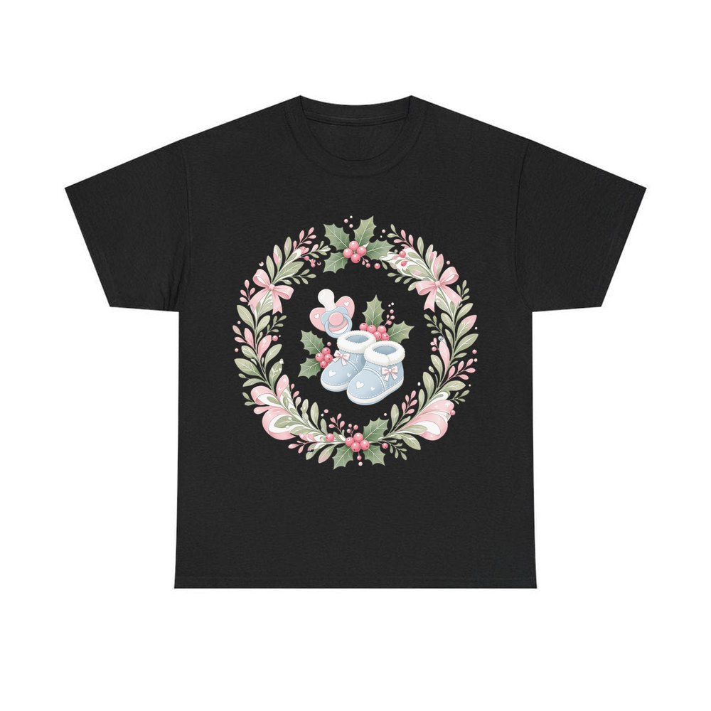Baby Booties Holly Wreath personalised Christmas T-shirt in black