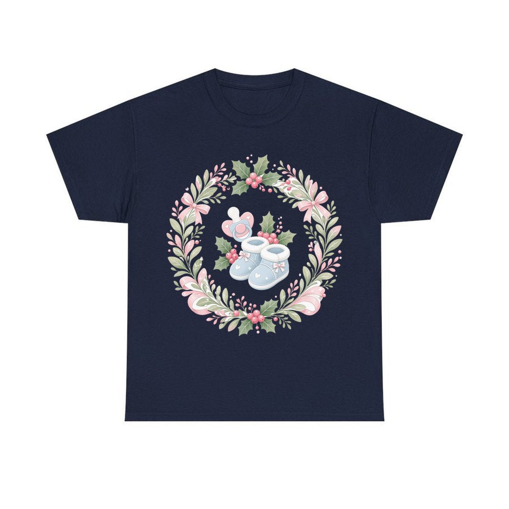 Baby Booties Holly Wreath personalised Christmas T-shirt in navy