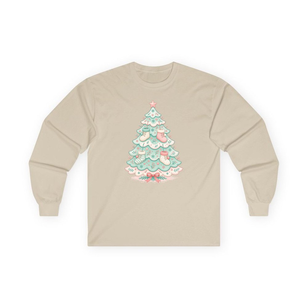 Baby Booties Tree personalised long sleeve Christmas T-shirt in sand
