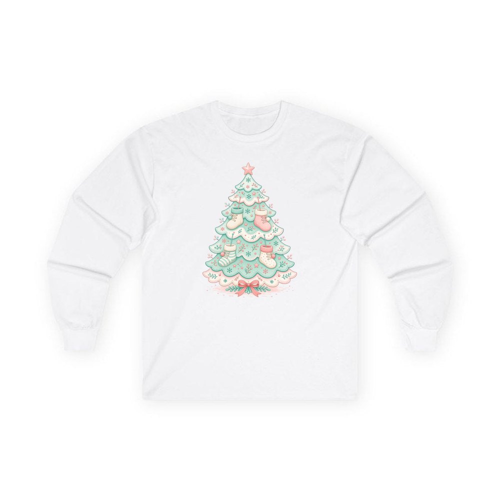 Baby Booties Tree personalised long sleeve Christmas T-shirt in white