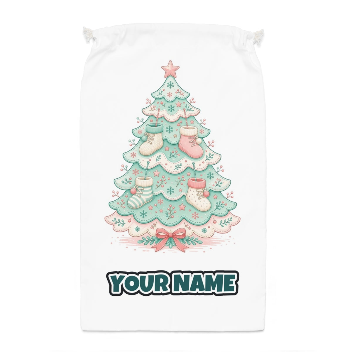 Baby Booties Tree Santa sack laid flat, showing the full print
