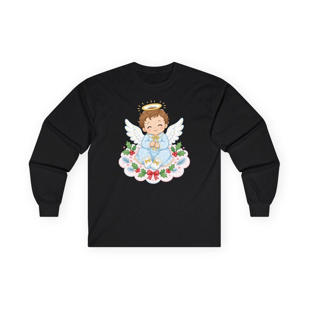 Baby Christmas Angel On Cloud personalised long sleeve Christmas T-shirt in black