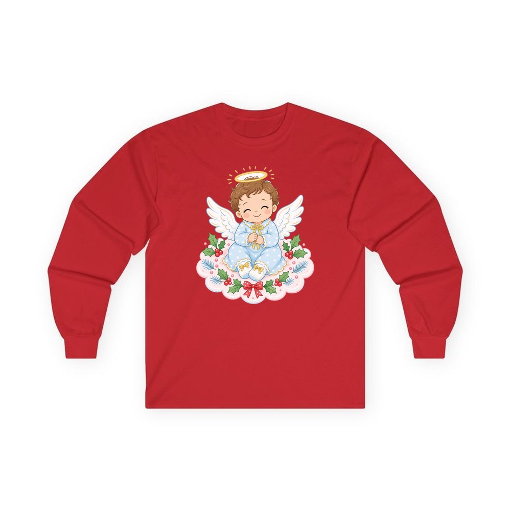 Baby Christmas Angel On Cloud personalised long sleeve Christmas T-shirt in red