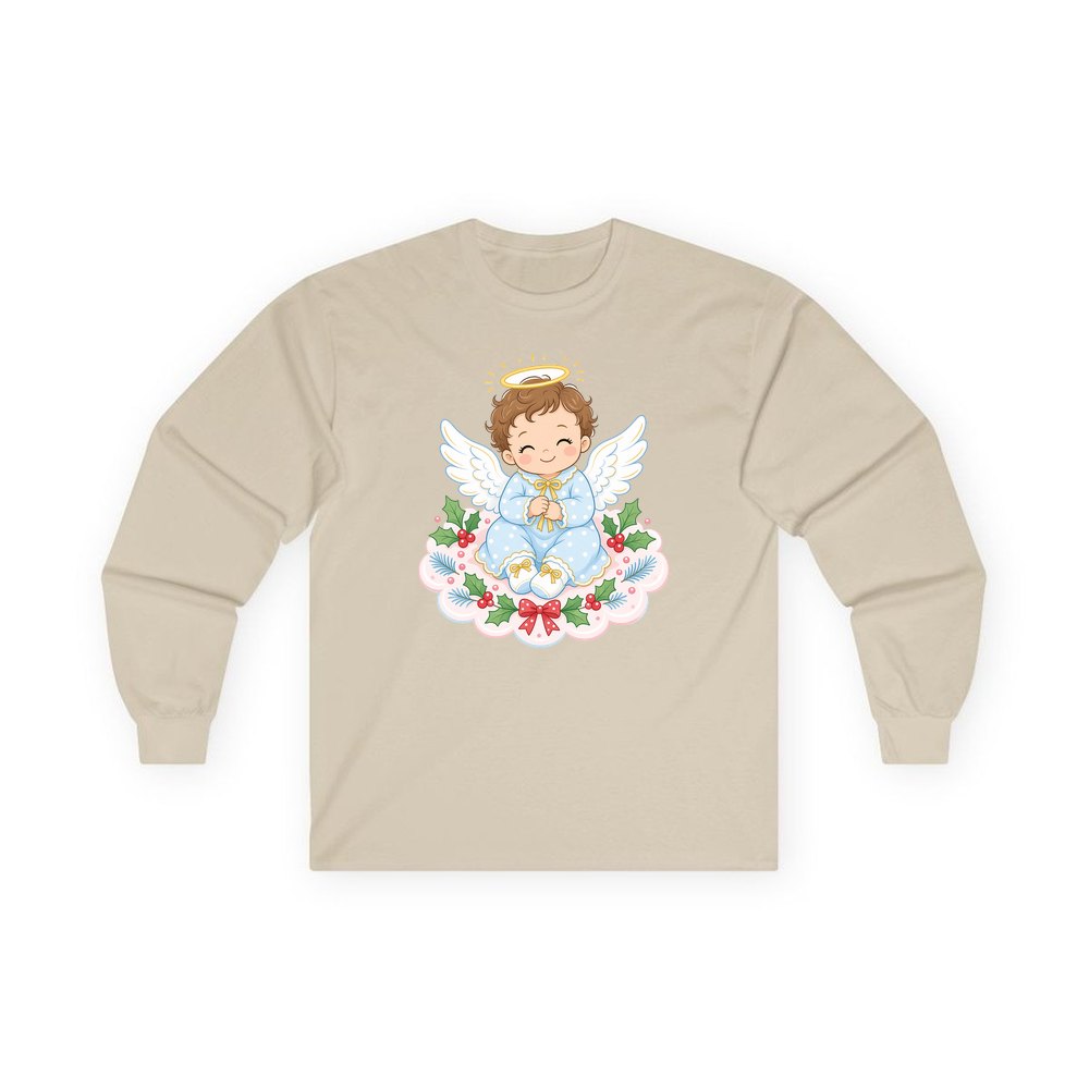 Baby Christmas Angel On Cloud personalised long sleeve Christmas T-shirt in sand