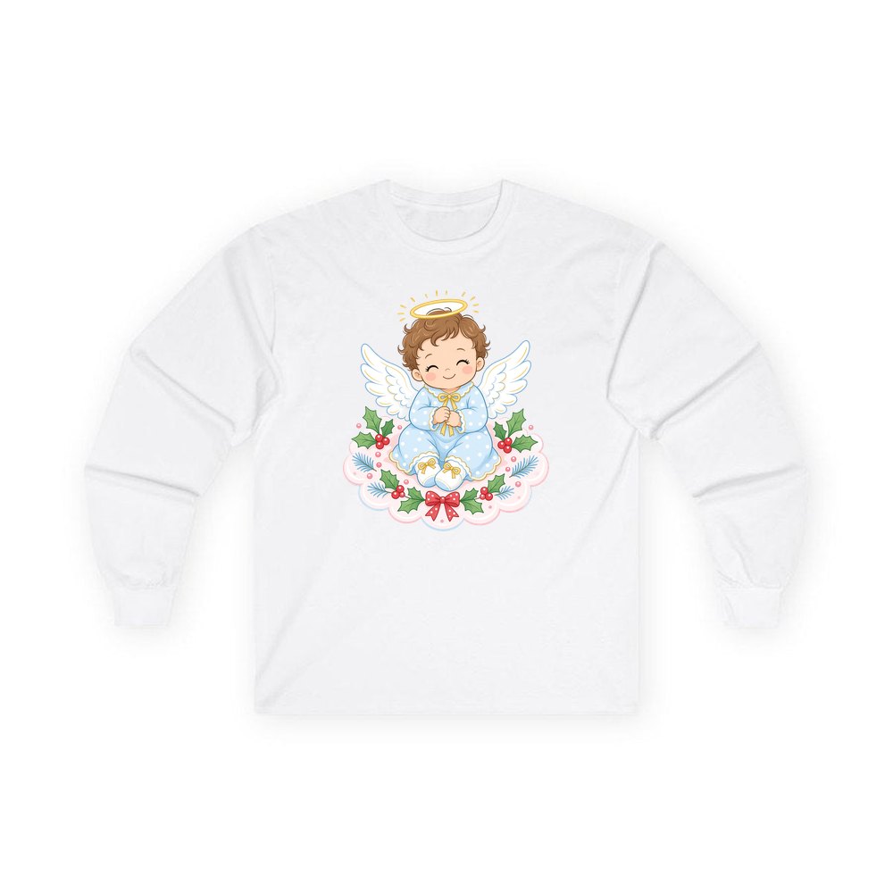 Baby Christmas Angel On Cloud personalised long sleeve Christmas T-shirt in white