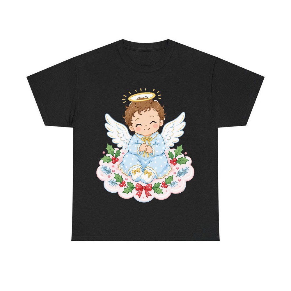 Baby Christmas Angel On Cloud personalised Christmas T-shirt in black