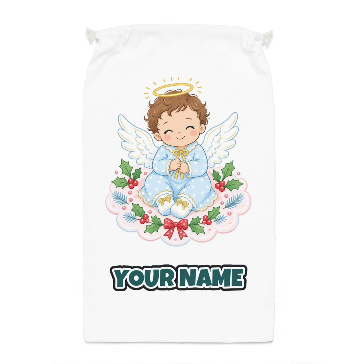 Baby Christmas Angel On Cloud Santa sack laid flat, showing the full print