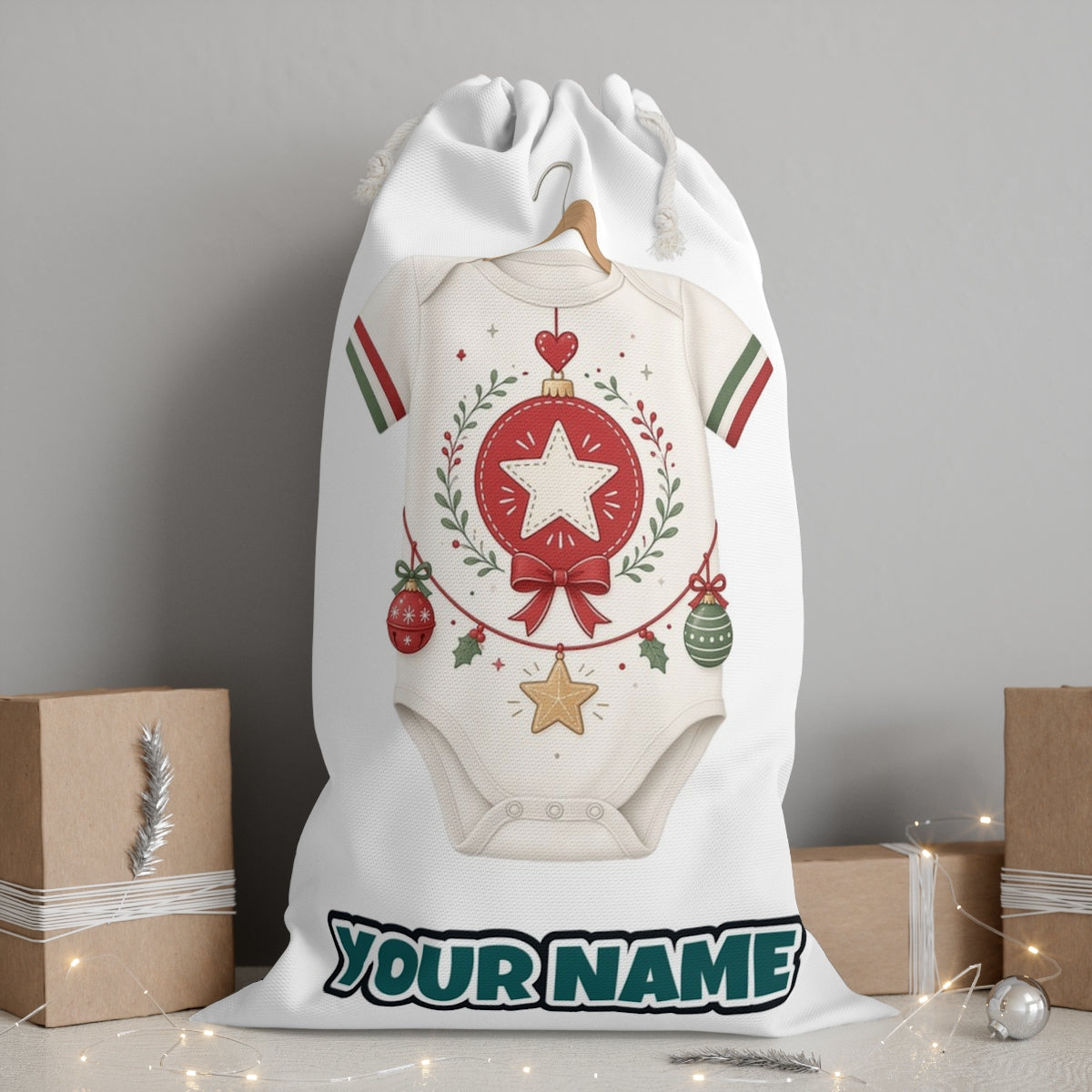 Baby Christmas Bodysuit personalised Santa sack, white, with the name printed under the artwork