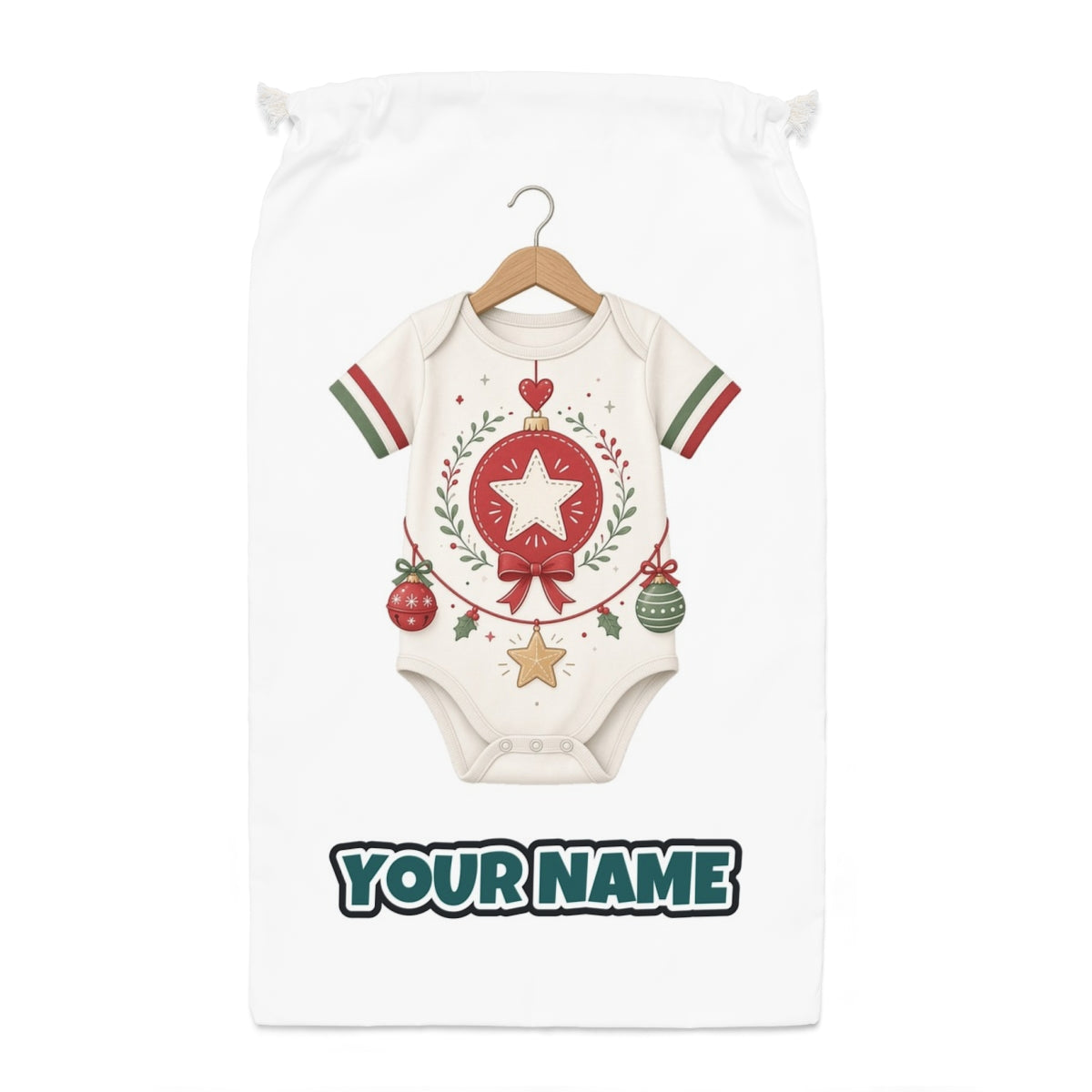 Baby Christmas Bodysuit Santa sack laid flat, showing the full print