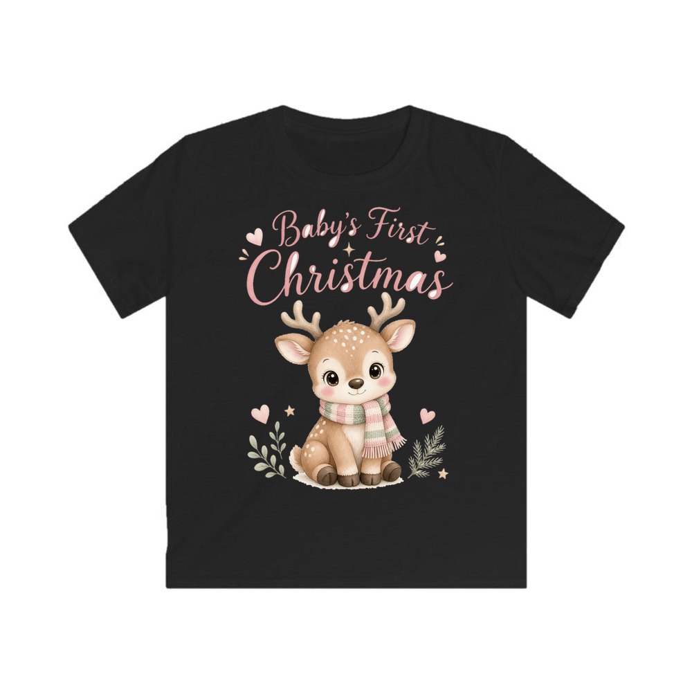 Baby Deer First Christmas personalised kids Christmas tee in black