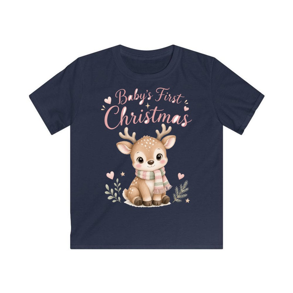 Baby Deer First Christmas personalised kids Christmas tee in navy
