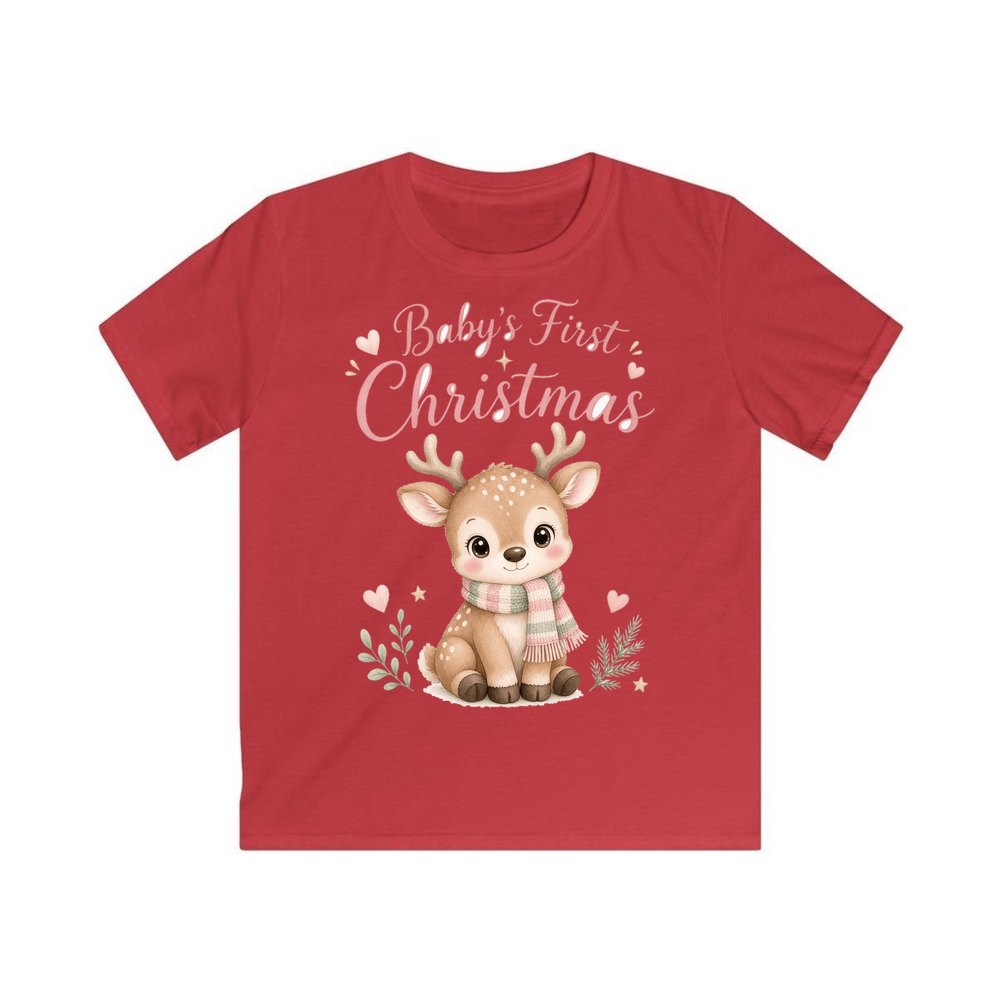 Baby Deer First Christmas personalised kids Christmas tee in red