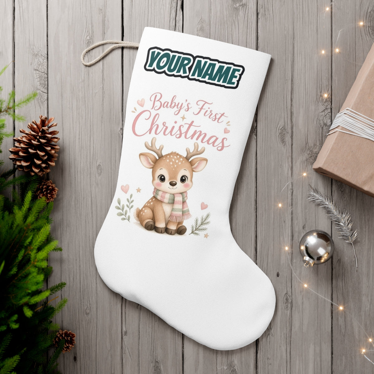Baby Deer First Christmas personalised Christmas stocking, white, with the name across the top